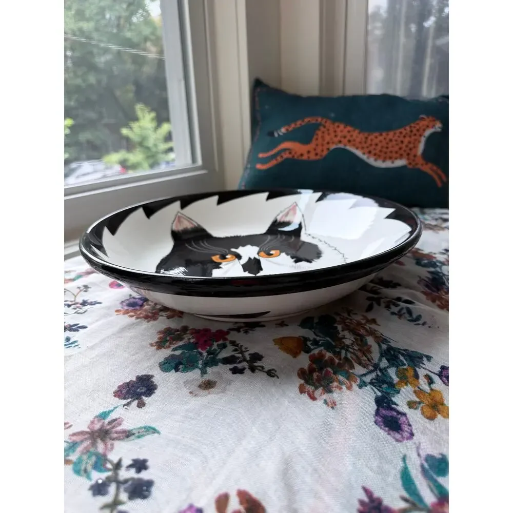 Tuxedo Cat Ceramic Serving Bowl 12” Whimsical Art Black & White Cats by Nina